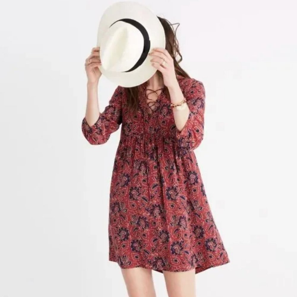 Madewell Women’s Silk Lace-up Floral Dress Size M Babydoll Peasant Sleeves